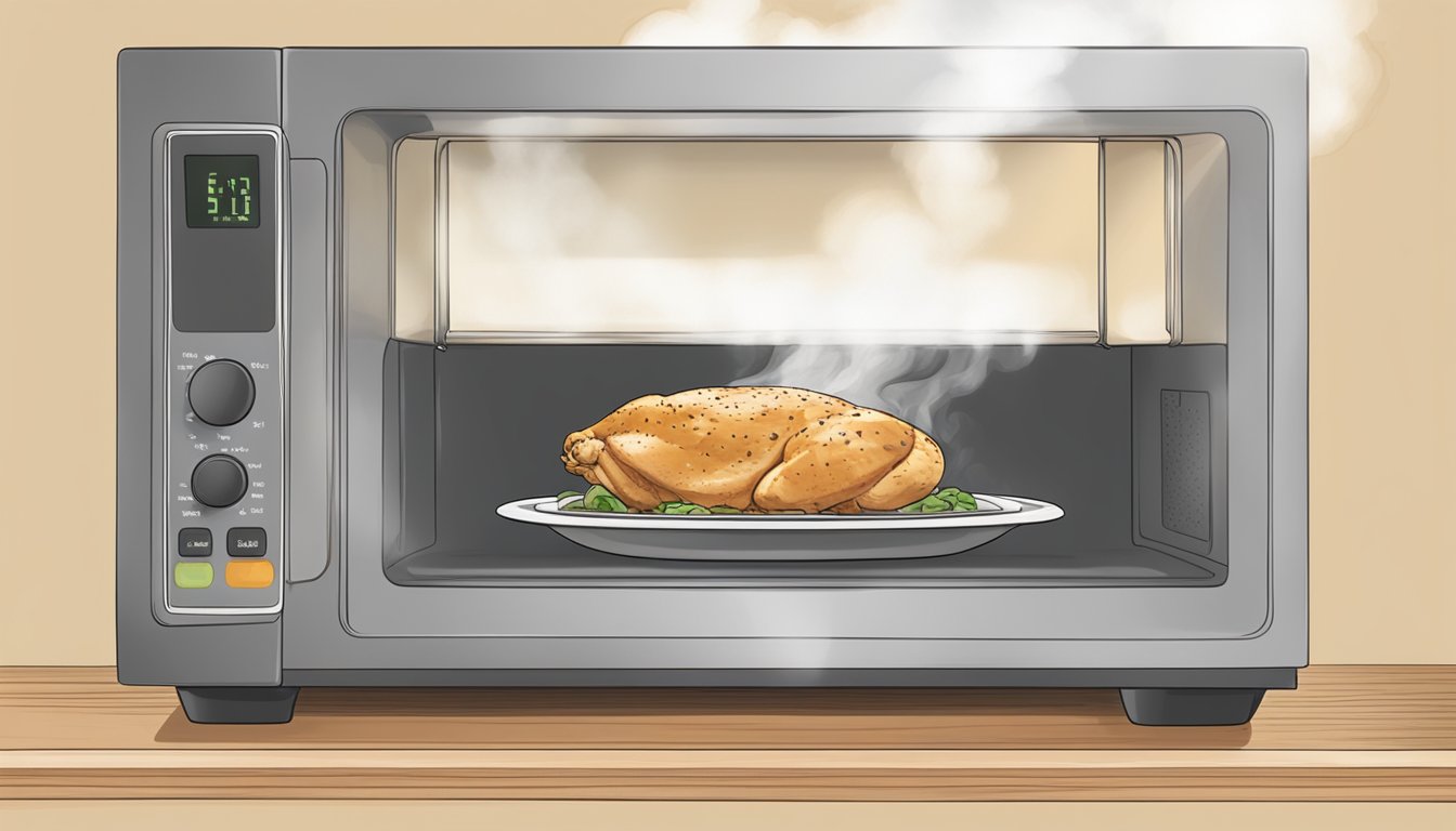 A plate of gluten-free chicken marsala being reheated in a microwave, with steam rising and the aroma of the dish filling the air