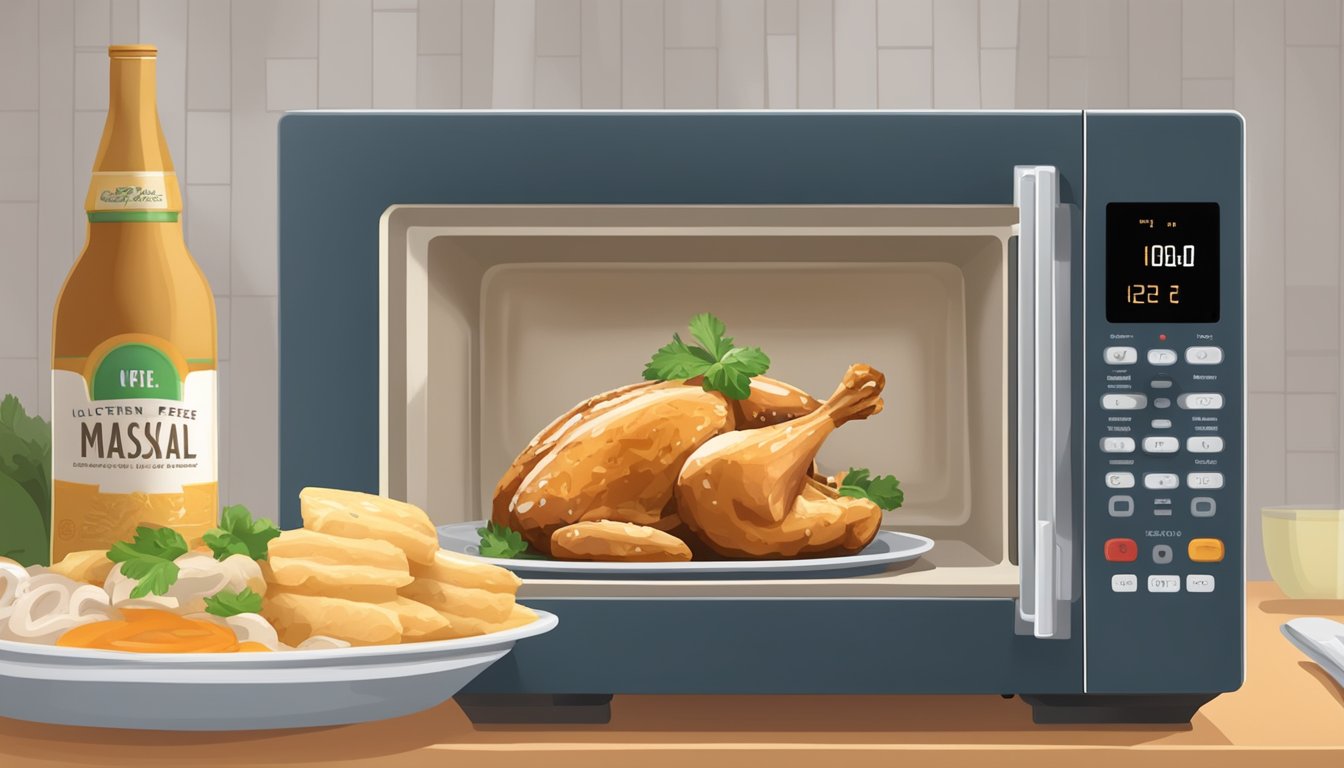 A microwave with a plate of gluten-free chicken marsala inside, steam rising from the food, a fork nearby