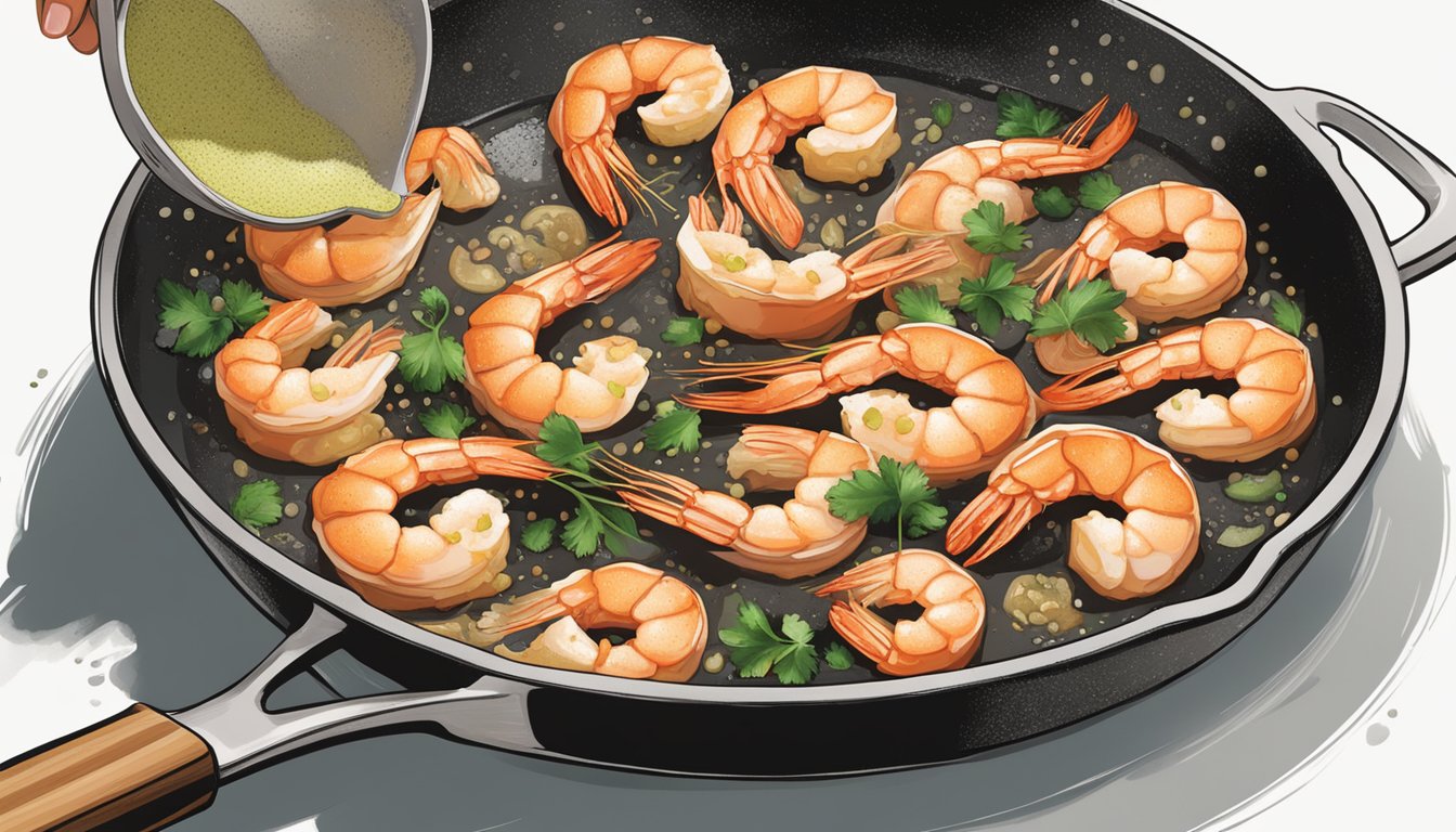 A skillet with sizzling garlic butter shrimp being seasoned and adjusted