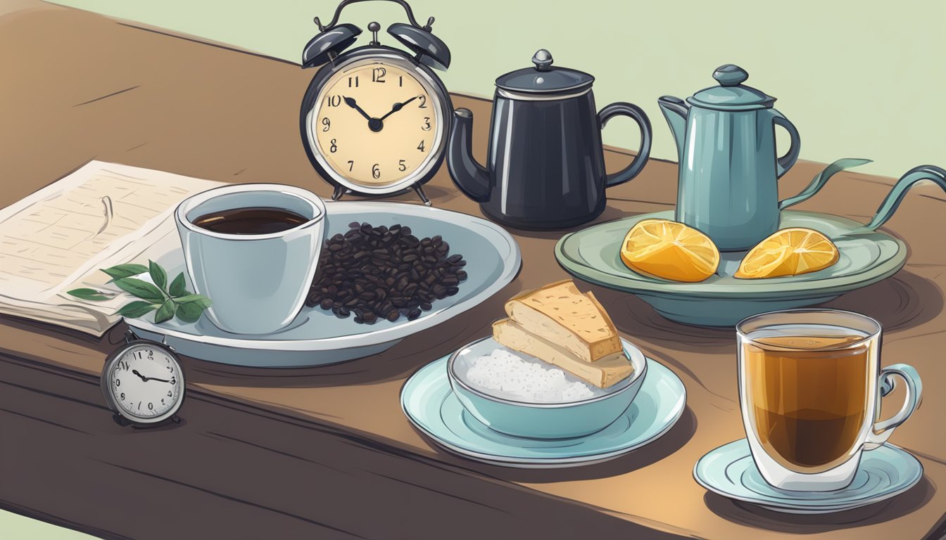 A table with water, herbal tea, and black coffee. A clock showing fasting hours. No sugary drinks or snacks in sight