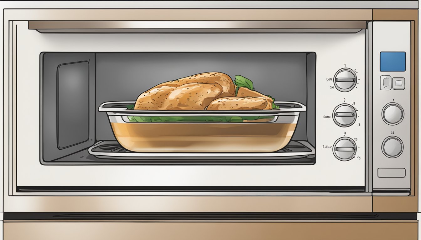 A microwave safe dish with a portion of gluten free chicken marsala being reheated in the microwave