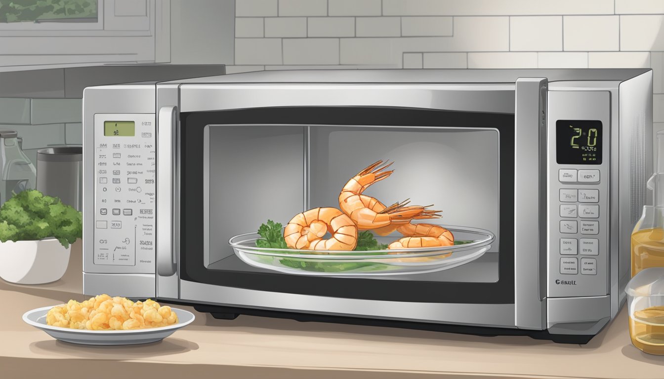 A microwave with a plate of garlic butter shrimp inside, a timer set, and a clear "reheat" button being pressed