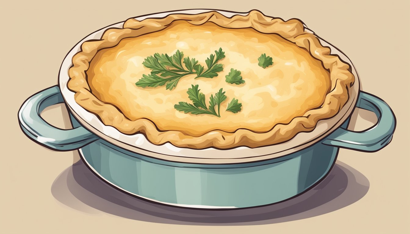 A steaming gluten-free chicken pot pie being reheated in the oven, with golden crust and bubbling filling in a ceramic dish