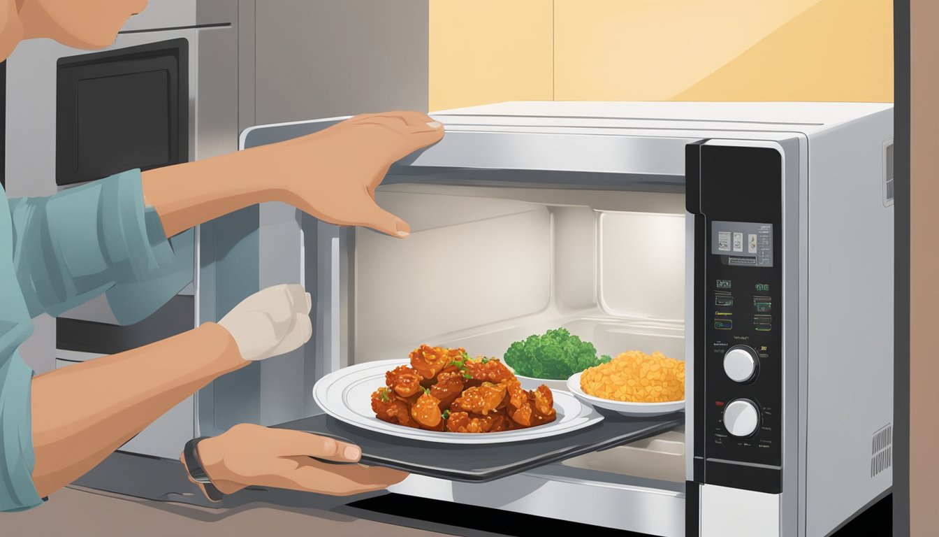 A plate of General Tso's Chicken sits on a microwave-safe dish inside a microwave. The microwave door is open, and the person's hand is placing the dish inside