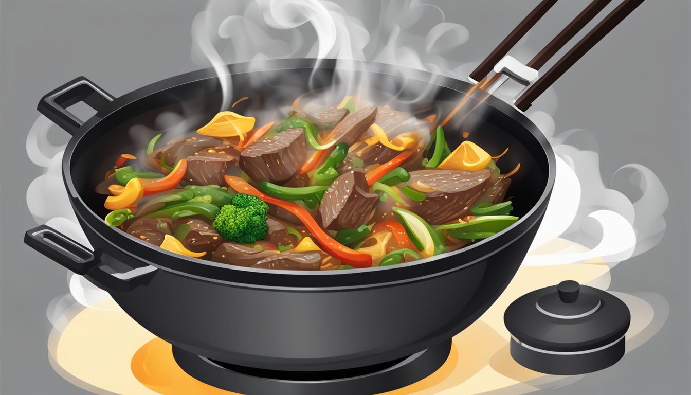 A sizzling wok with steaming ginger beef stir fry being tossed and reheated over a high flame, releasing a savory aroma