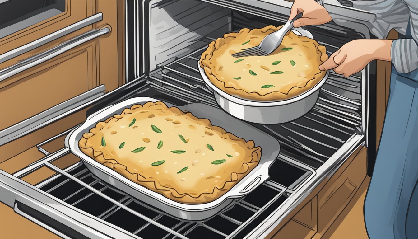 A person placing a gluten-free chicken pot pie in the oven