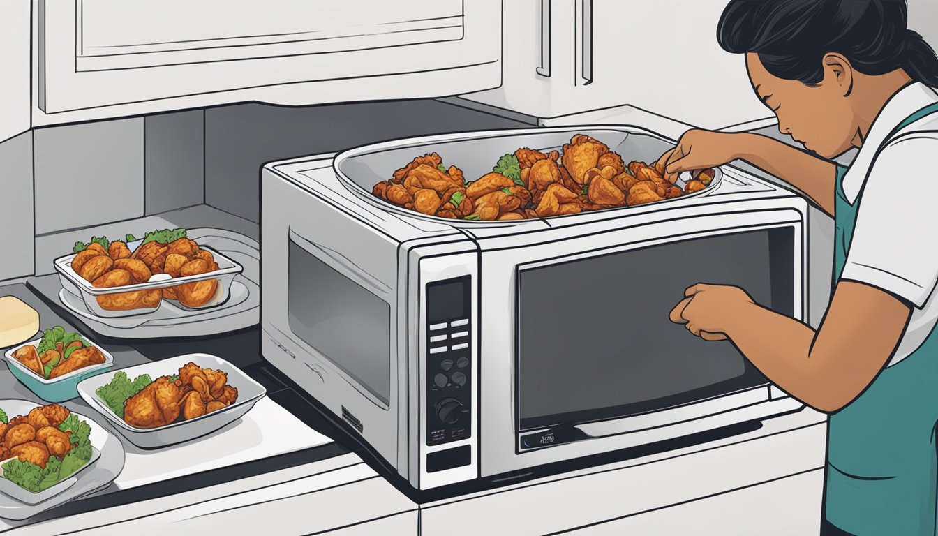 A person placing leftover General Tso's chicken on a microwave-safe plate and covering it with a microwave-safe cover before reheating