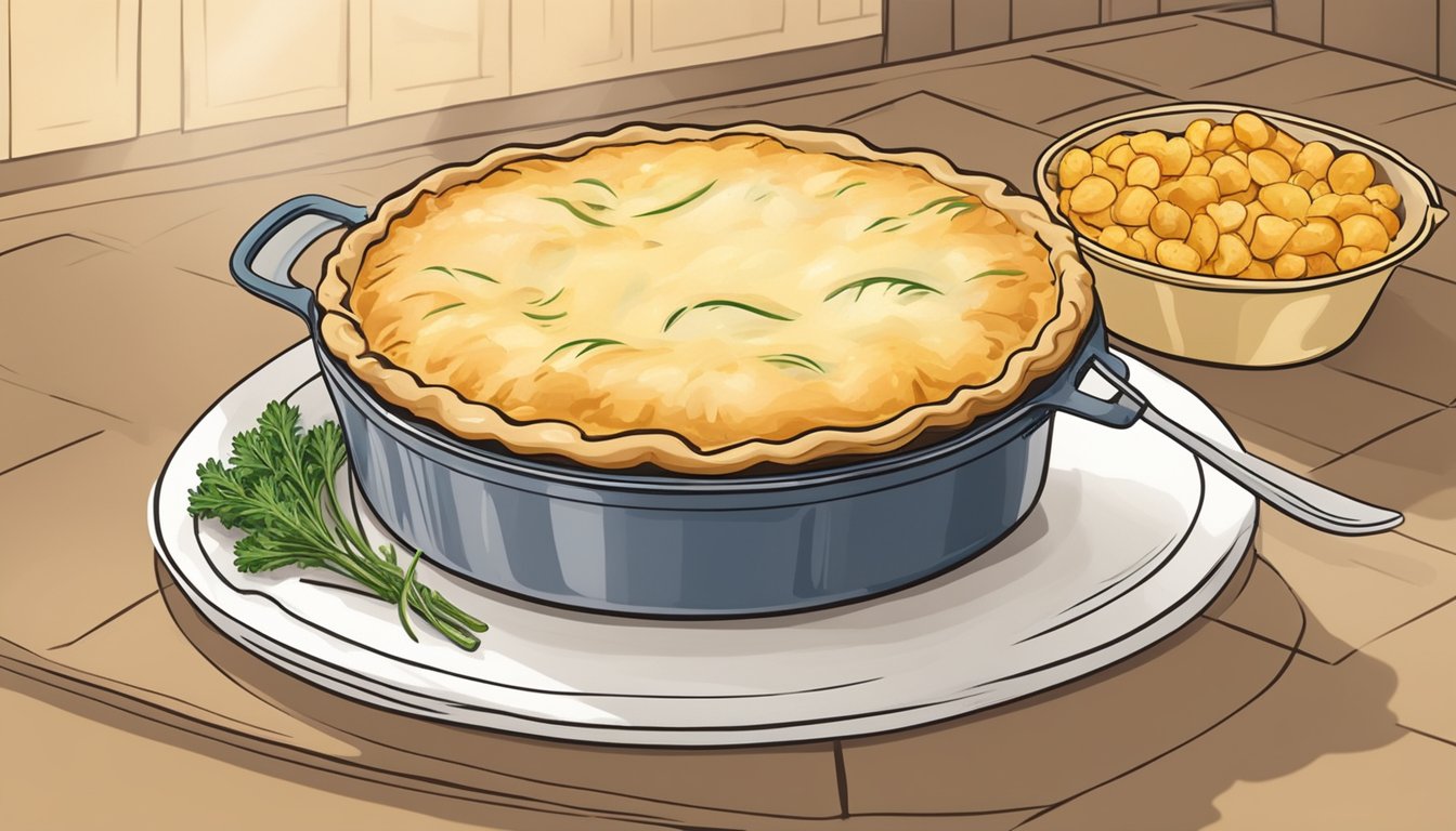 A gluten-free chicken pot pie sits in a baking dish, golden and bubbling in the oven as it reheats, emitting a tantalizing aroma