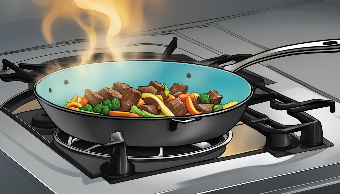 A sizzling skillet with ginger beef stir fry being reheated over a gas stove, steam rising from the pan