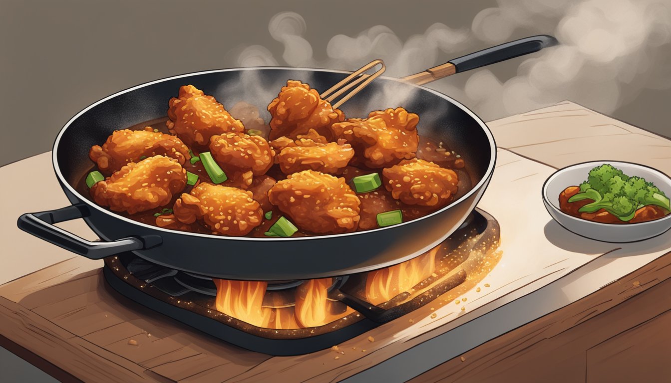 A plate of General Tso's chicken being reheated in a skillet with steam rising and the chicken sizzling as it crisps up