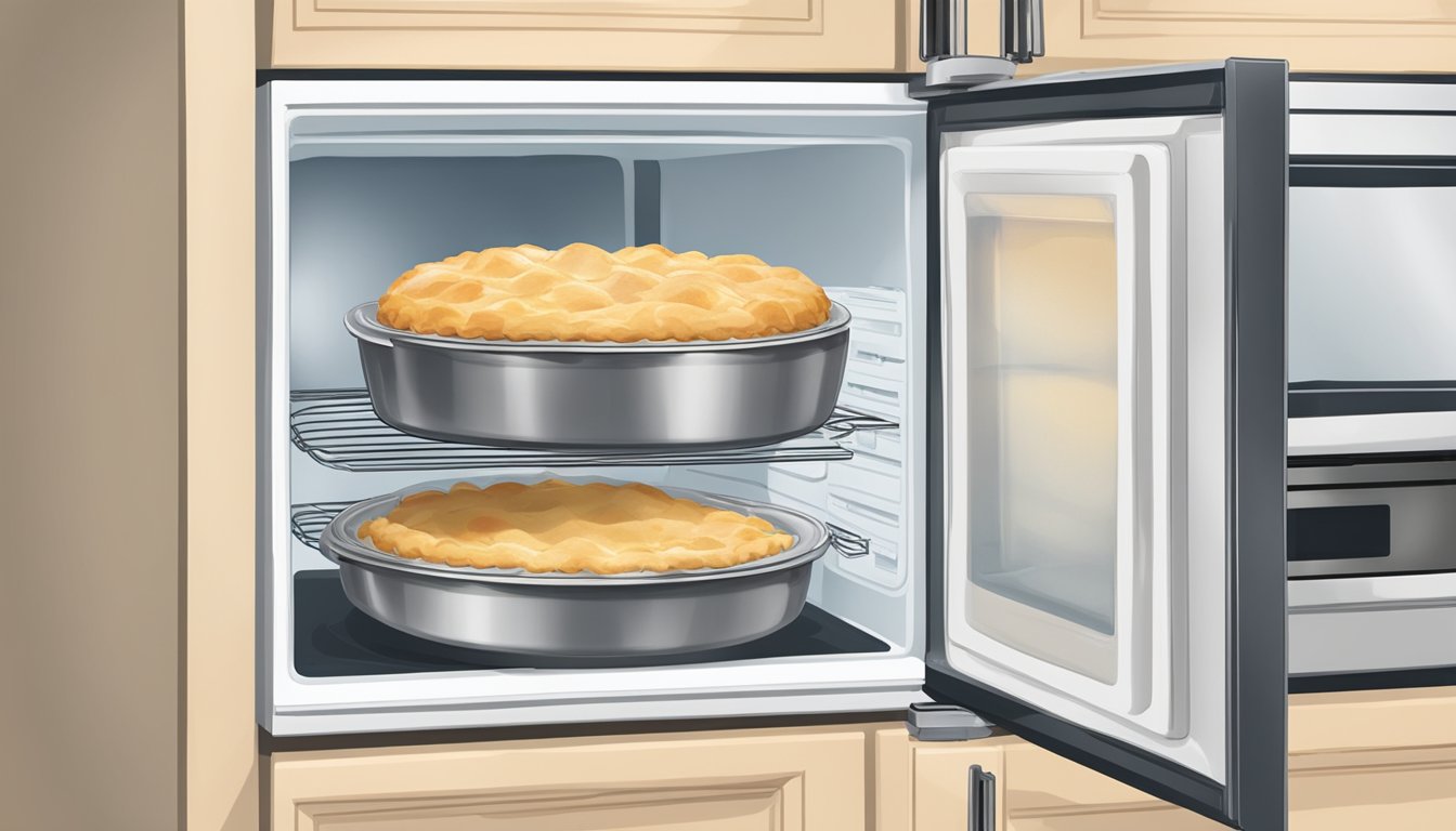 A glass container of gluten free chicken pot pie being placed in the refrigerator, while a microwave oven is shown with the pie being reheated inside