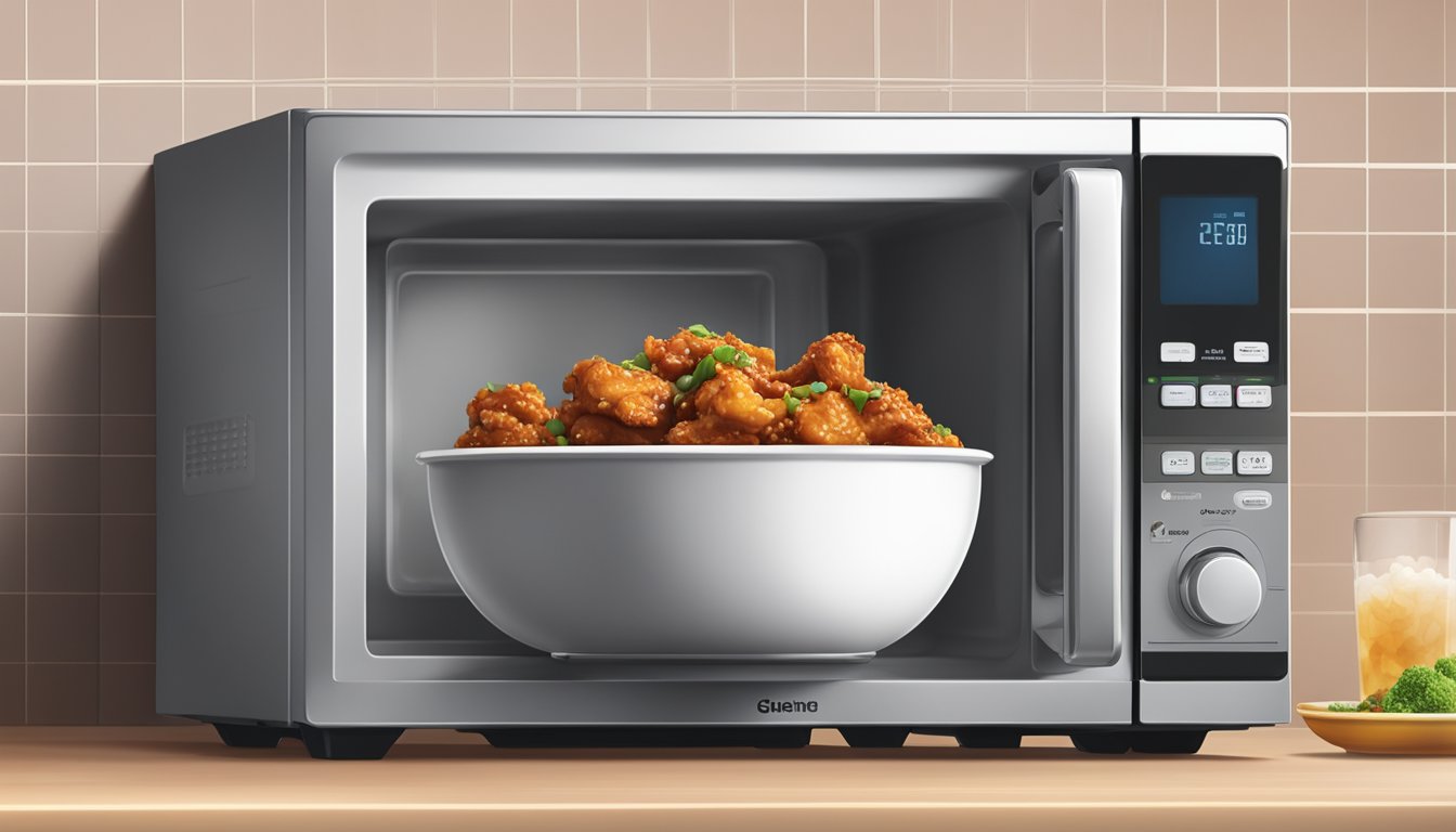 A microwave with a plate of General Tso's chicken inside, steam rising from the food