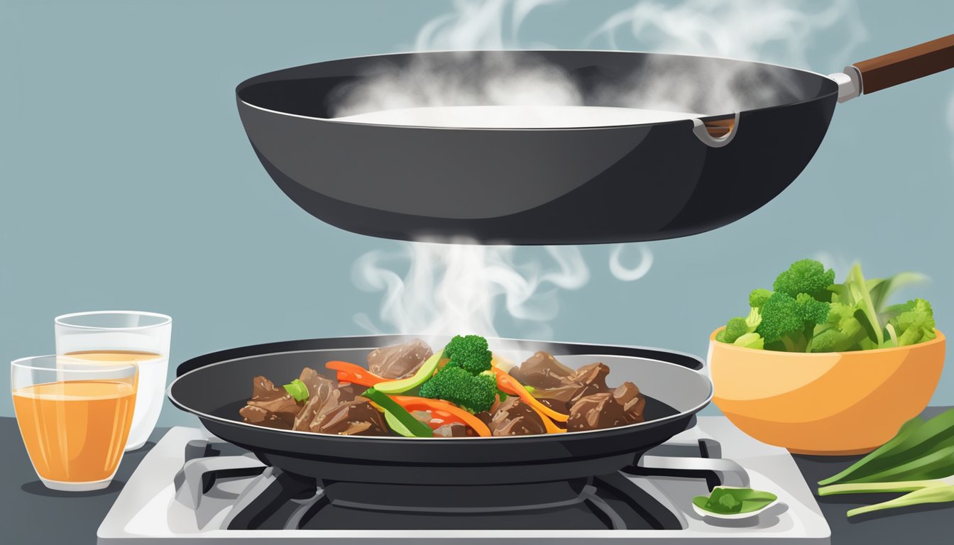 A sizzling wok with steaming ginger beef stir fry being reheated on a gas stove, with aromatic vapors rising and the beef glistening with savory sauce