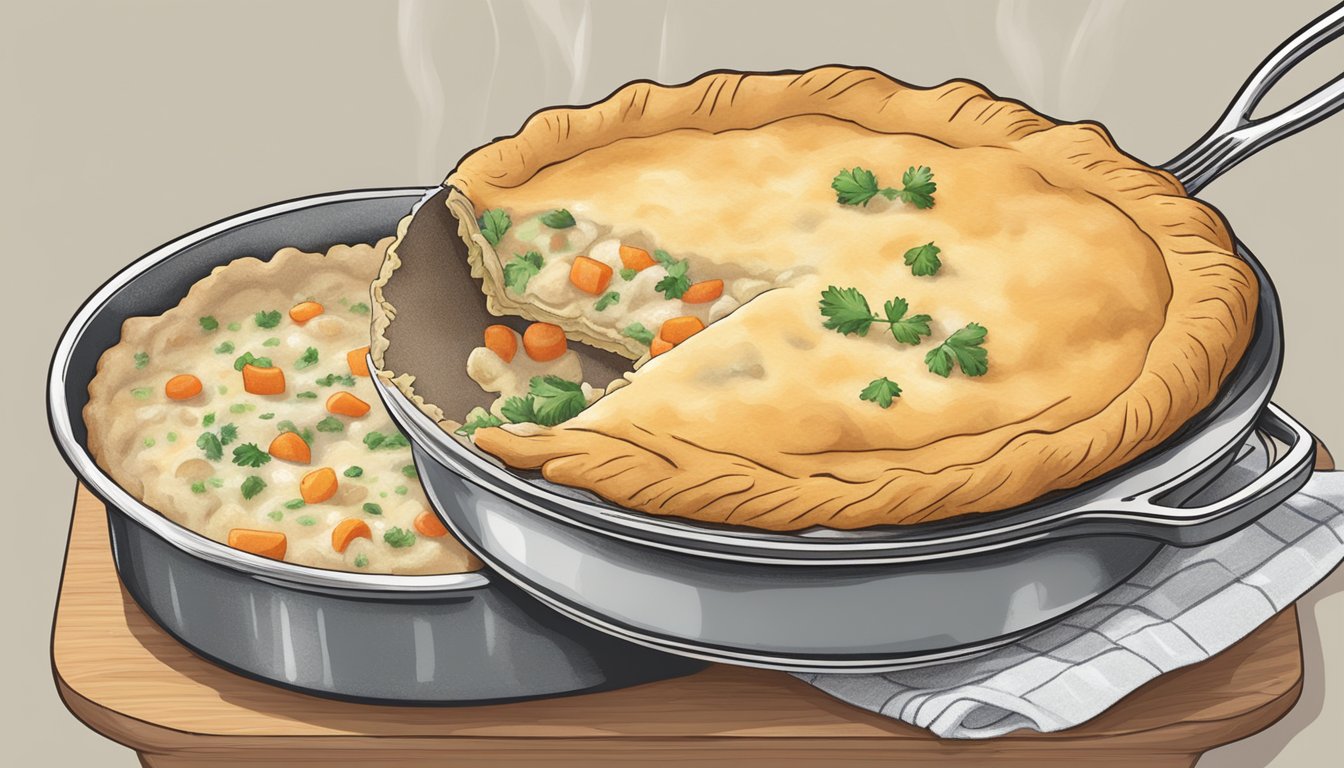 A steaming gluten-free chicken pot pie being removed from the oven