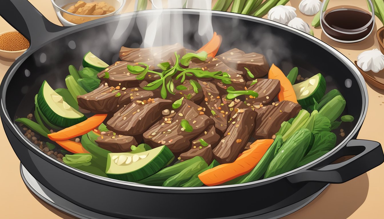 A steaming plate of ginger beef stir fry being reheated in a sizzling skillet, surrounded by fresh vegetables and a bottle of soy sauce