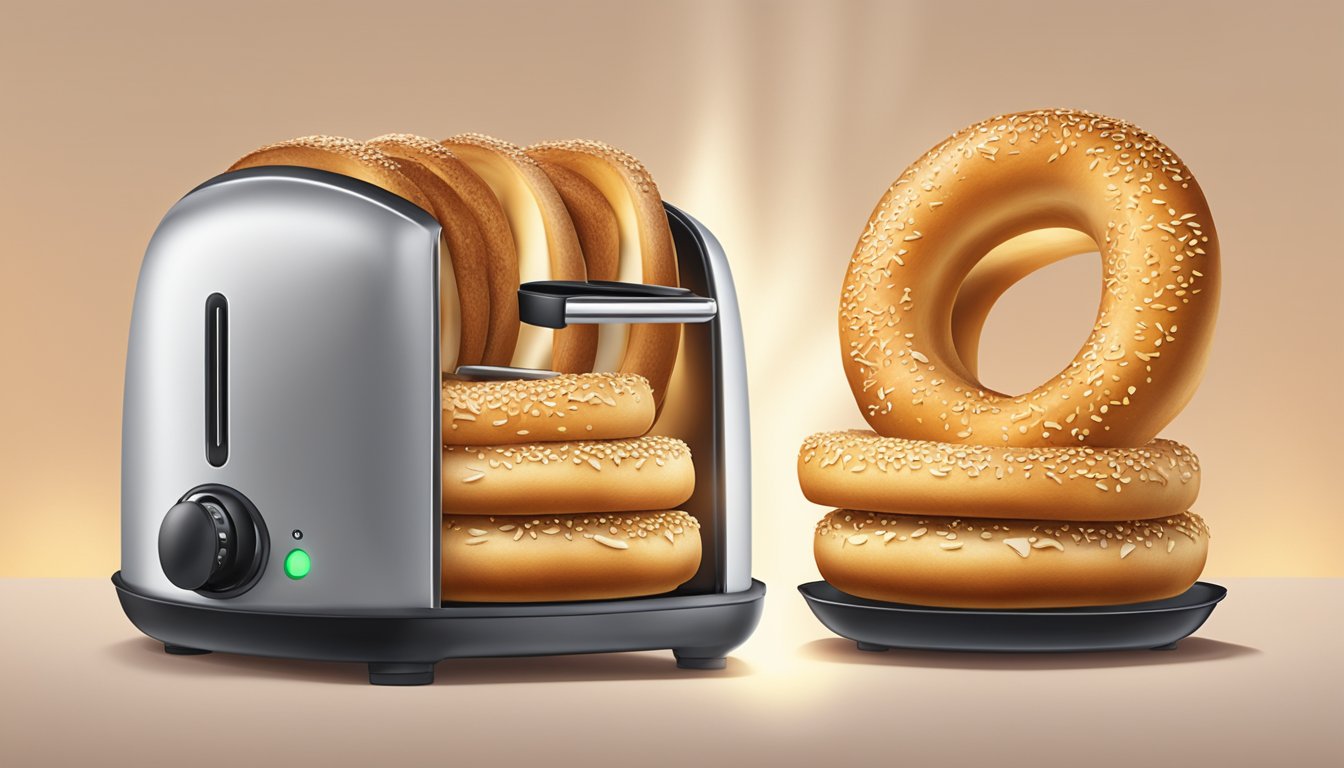 A toaster with two gluten-free bagels inside, emitting a warm glow as they crisp up to perfection