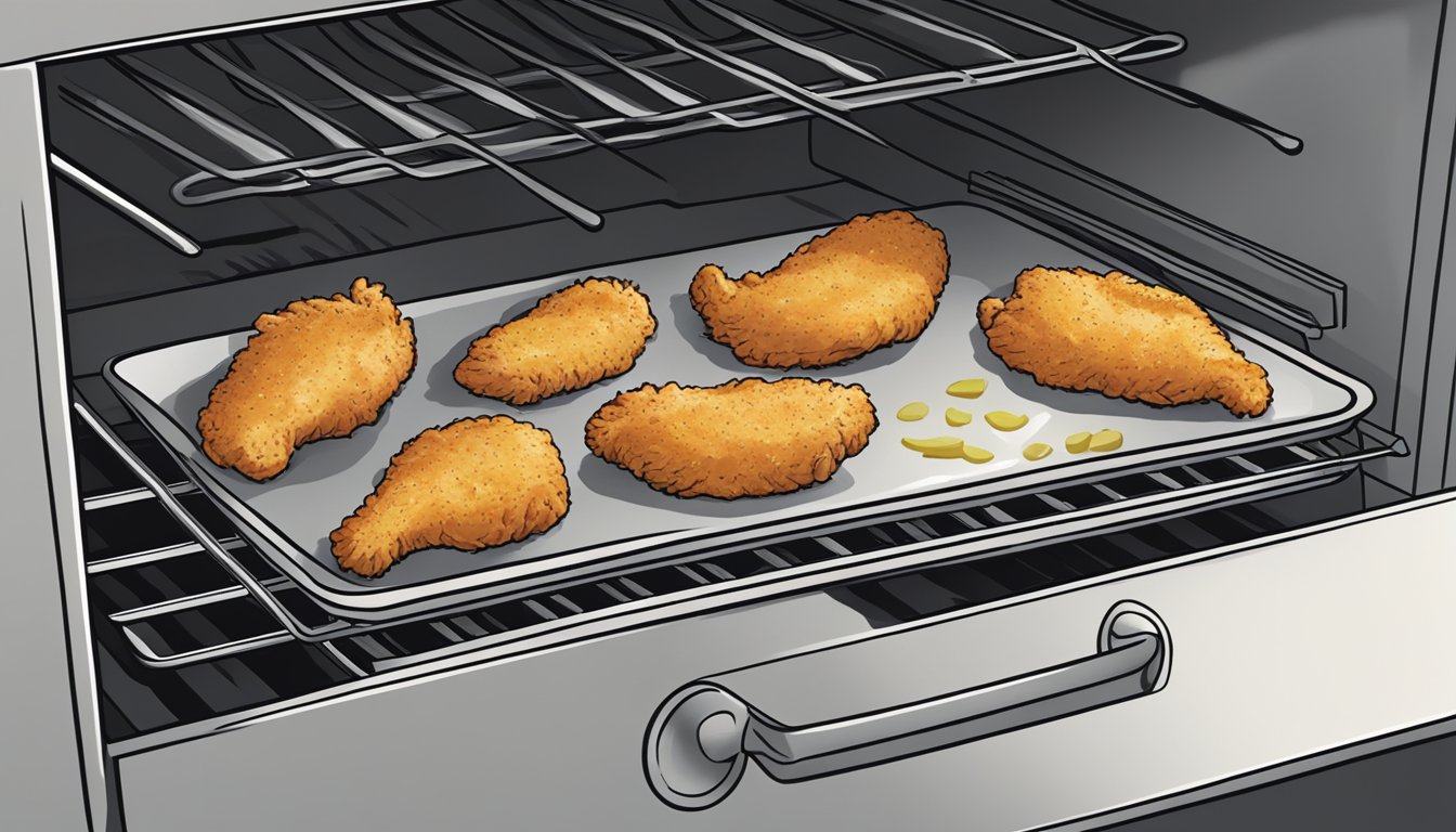 A plate of gluten-free chicken tenders being reheated in the oven