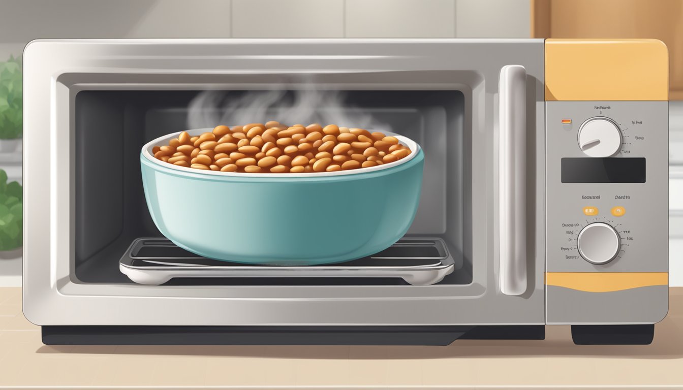 A steaming bowl of gluten-free baked beans being reheated in a microwave-safe dish