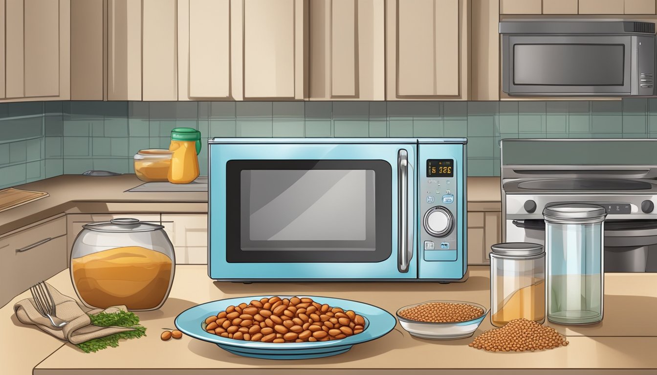 A kitchen with a microwave and gluten-free baked beans in a sealed container