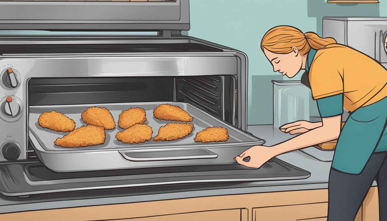 A person using an oven to reheat gluten free chicken tenders on a baking sheet. The oven is set to a specific temperature and a timer is being used