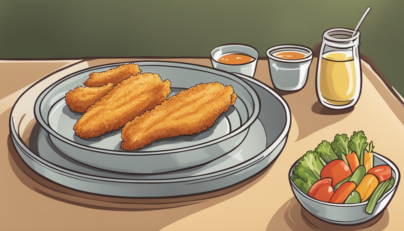 A plate of gluten free chicken tenders being reheated in the oven, with a side of fresh vegetables and a small dish of dipping sauce