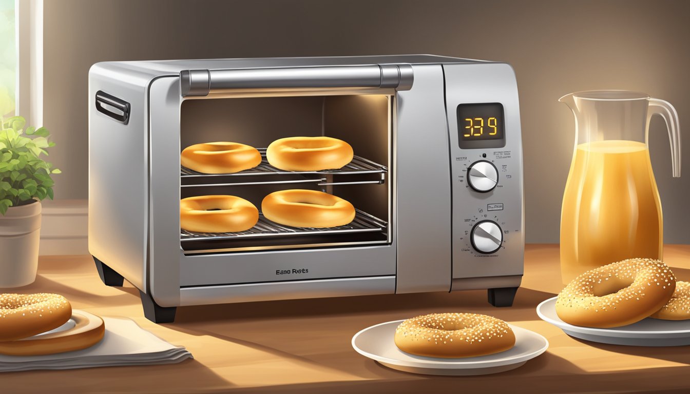 A toaster oven with gluten free bagels inside, emitting warm, golden-brown glow. A timer set nearby