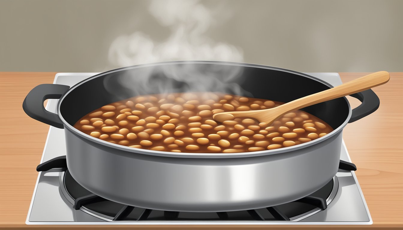 A pot of gluten-free baked beans being gently reheated on a stovetop, with steam rising and a wooden spoon stirring them