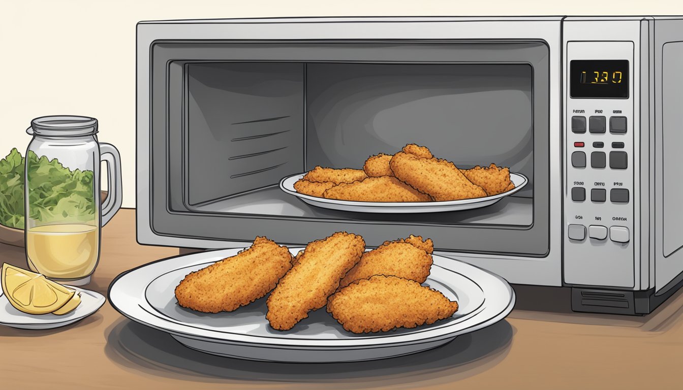 A plate of gluten-free chicken tenders being reheated in a microwave