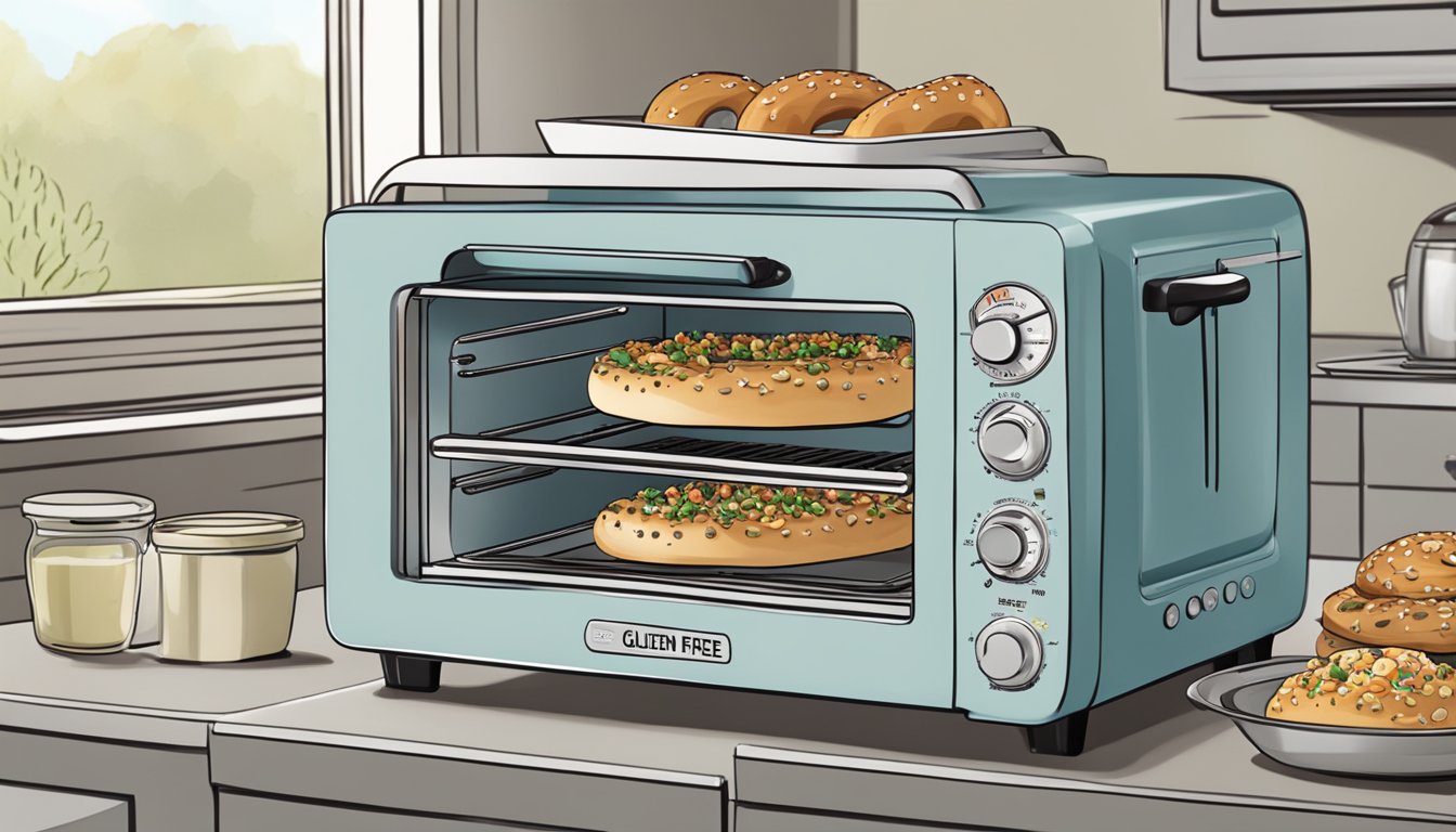 A toaster oven with gluten free bagels inside, surrounded by various toppings and serving suggestions