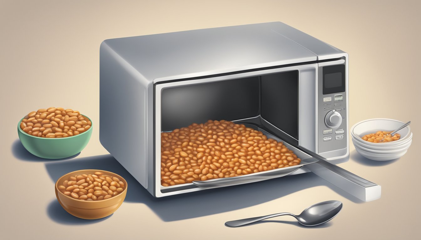 A microwave with a bowl of gluten free baked beans inside, emitting steam, with a fork nearby