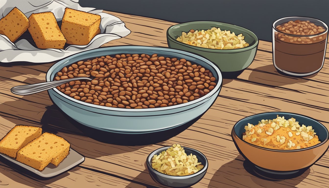 A steaming bowl of gluten-free baked beans sits on a rustic wooden table, accompanied by a slice of cornbread and a small dish of tangy coleslaw