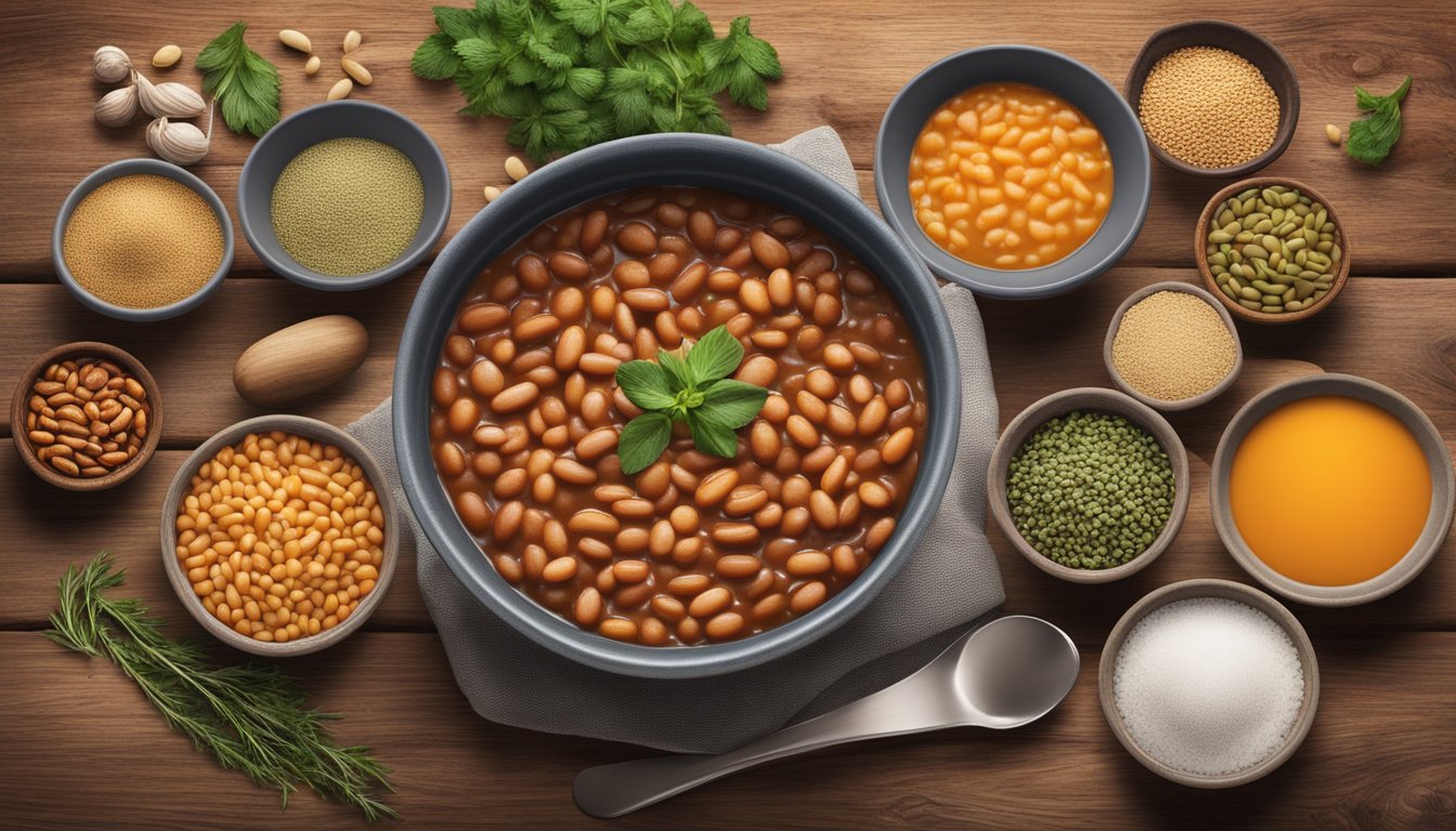 A steaming bowl of gluten-free baked beans sits on a rustic wooden table, surrounded by various ingredient options such as herbs, spices, and condiments