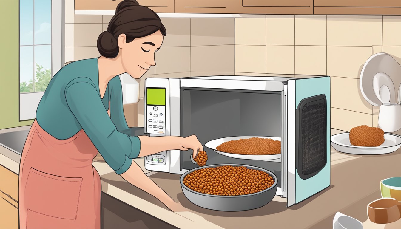 A person placing a bowl of gluten-free baked beans in the microwave, setting the timer, and then removing the hot bowl with a potholder