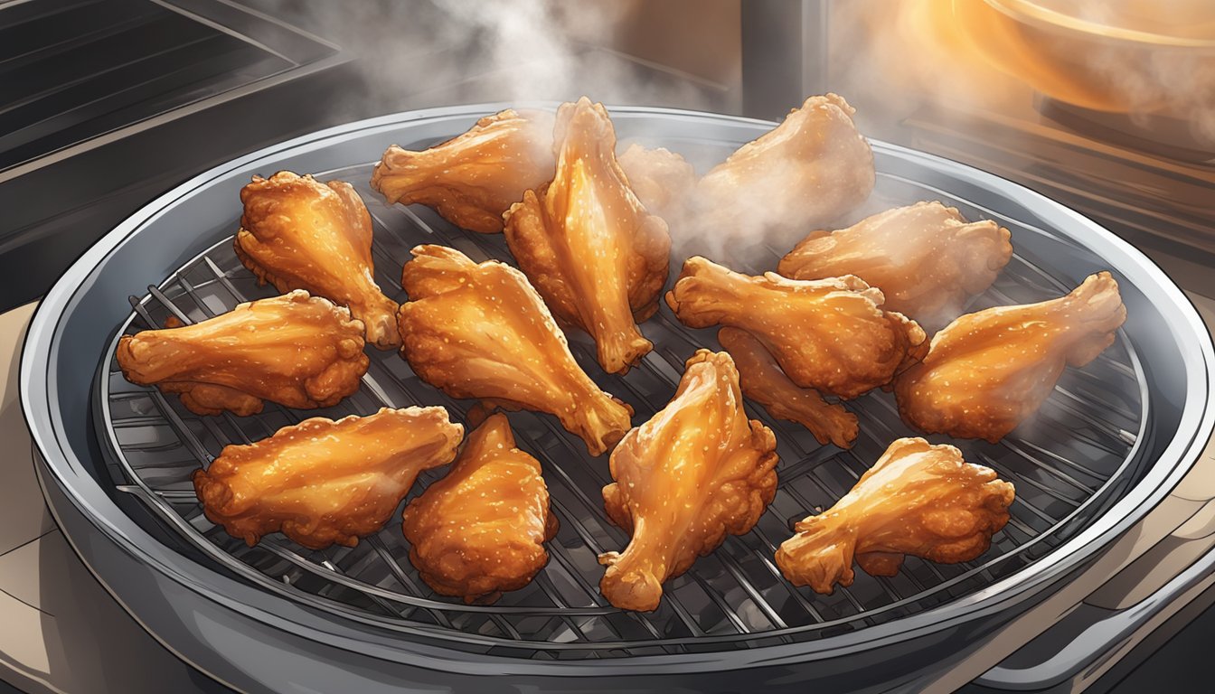 A plate of gluten free chicken wings being reheated in an oven, with steam rising and the aroma of the wings filling the air