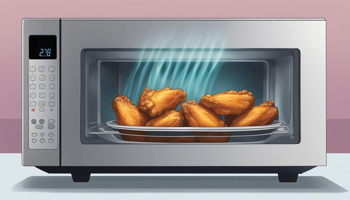 A microwave with a plate of gluten-free chicken wings inside, steam rising as the wings are being reheated