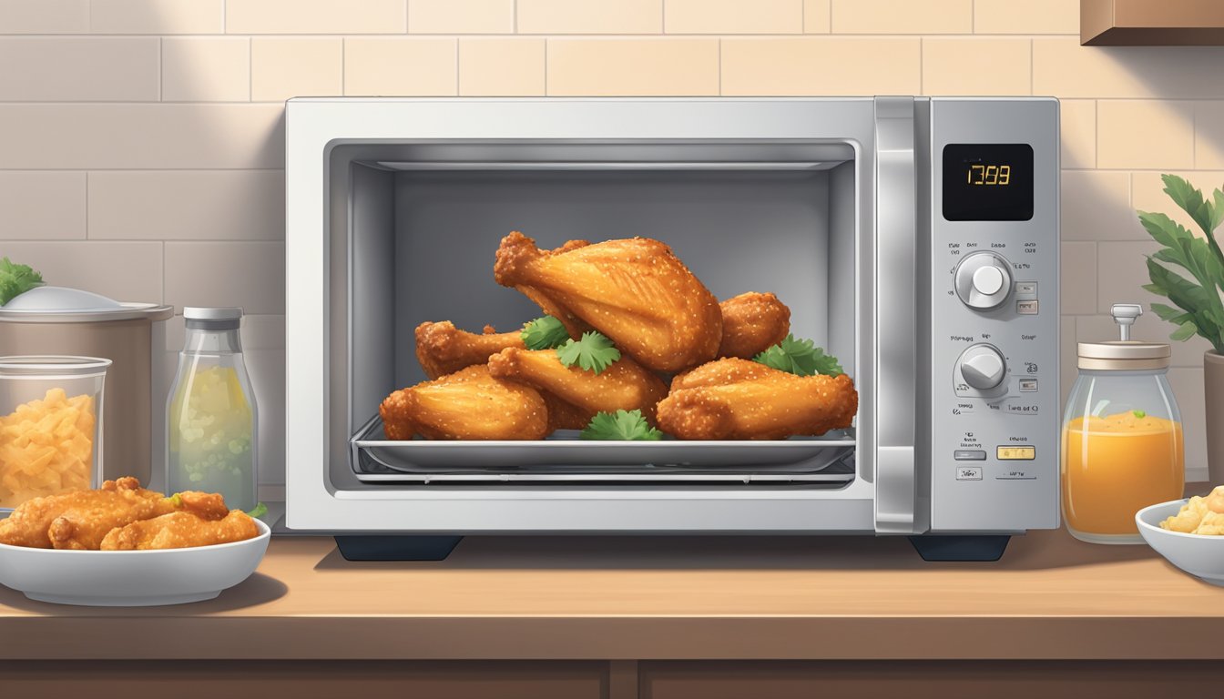 A microwave with a plate of gluten-free chicken wings inside, a timer set, and steam rising from the hot food