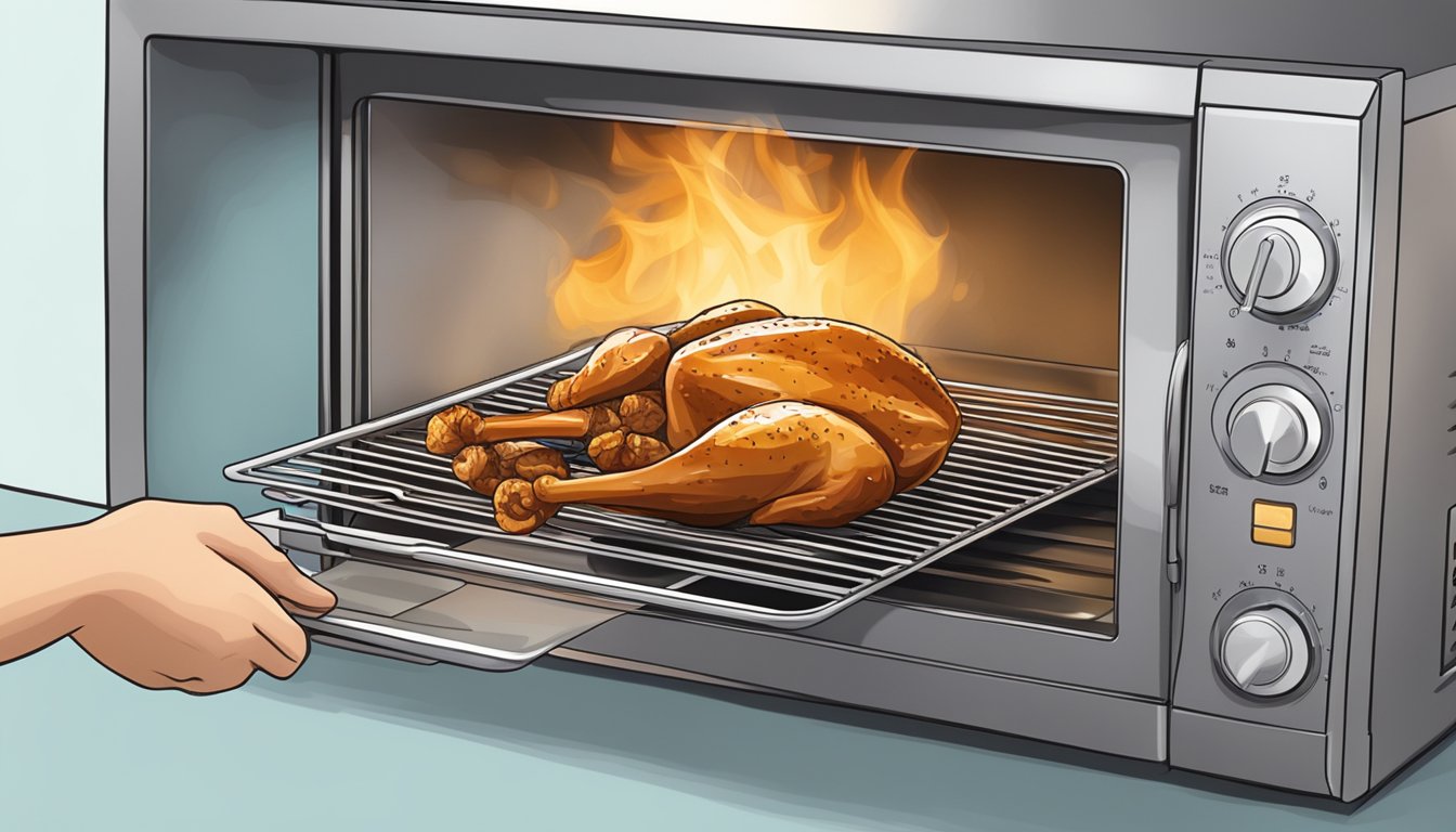 A person reheating gluten-free BBQ chicken in a microwave