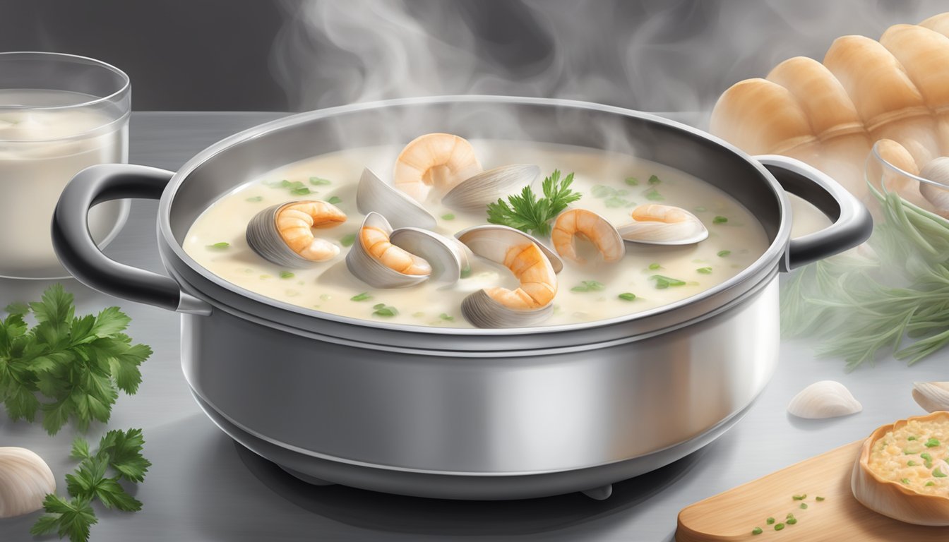 A pot of gluten-free clam chowder being gently reheated on a stovetop, with steam rising and the aroma of seafood and herbs filling the kitchen