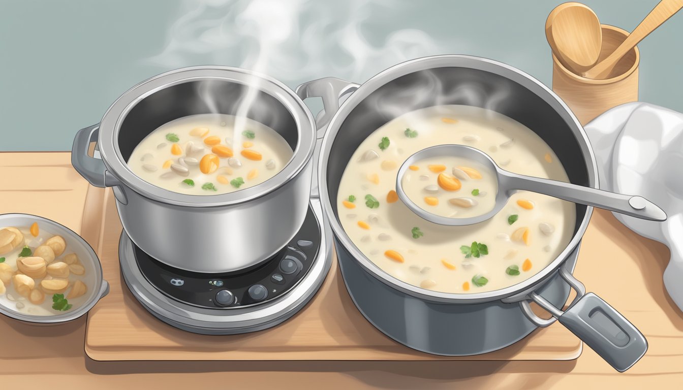 A pot of gluten free clam chowder being gently reheated on a stovetop, with steam rising and a wooden spoon stirring the creamy soup