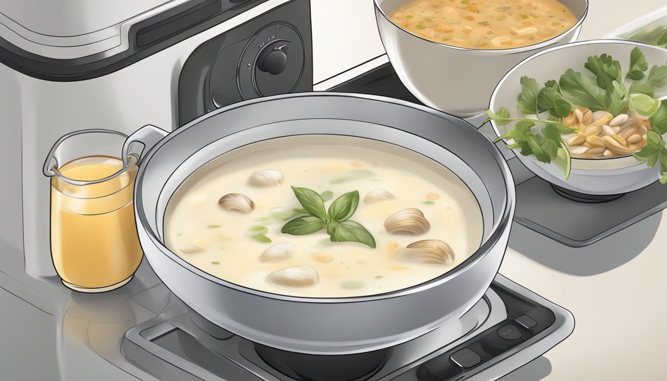 A steaming bowl of gluten-free clam chowder being gently reheated on a stovetop, with a fragrant aroma rising from the creamy soup