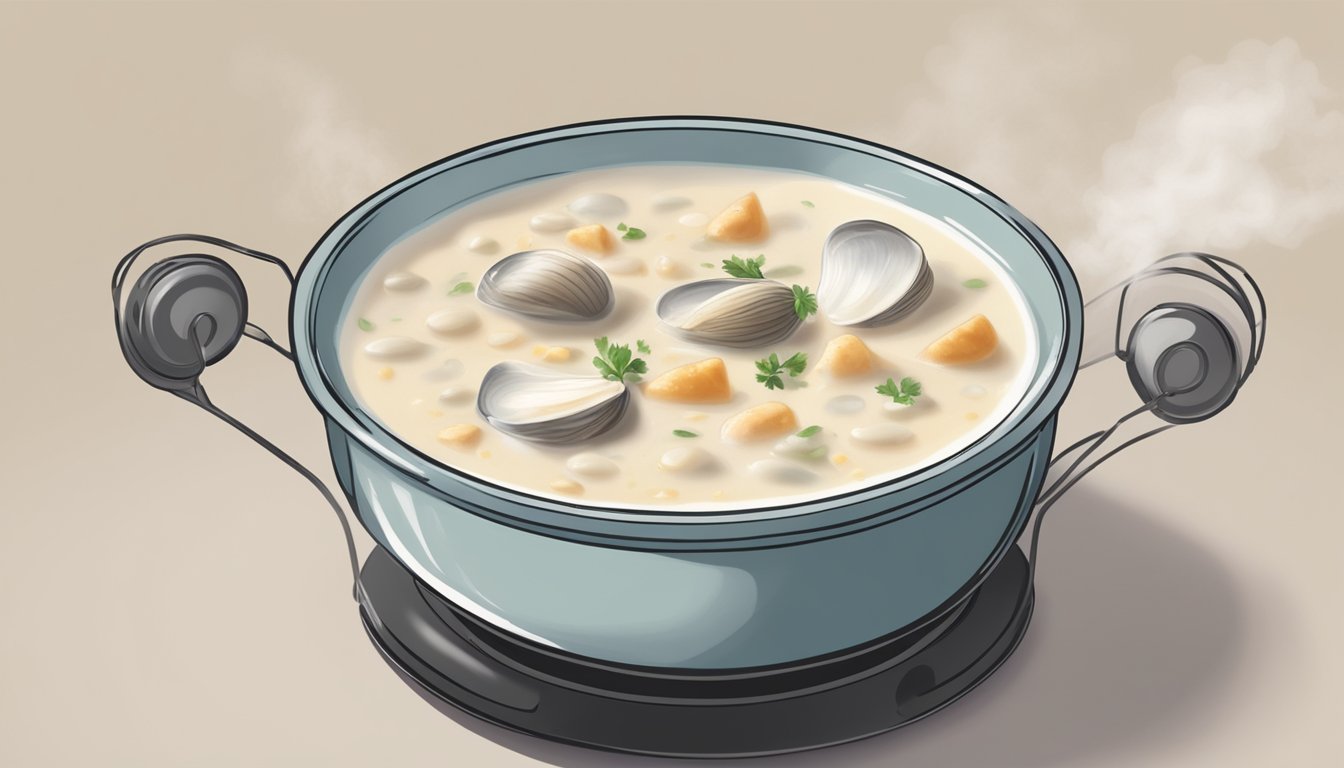 A steaming bowl of gluten-free clam chowder being gently reheated on a stovetop, with a fragrant steam rising from the surface