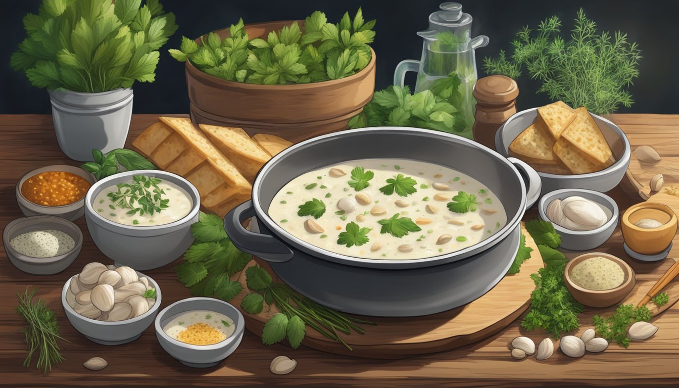 A steaming bowl of gluten-free clam chowder sits on a rustic wooden table, surrounded by a variety of fresh herbs and spices ready for reheating