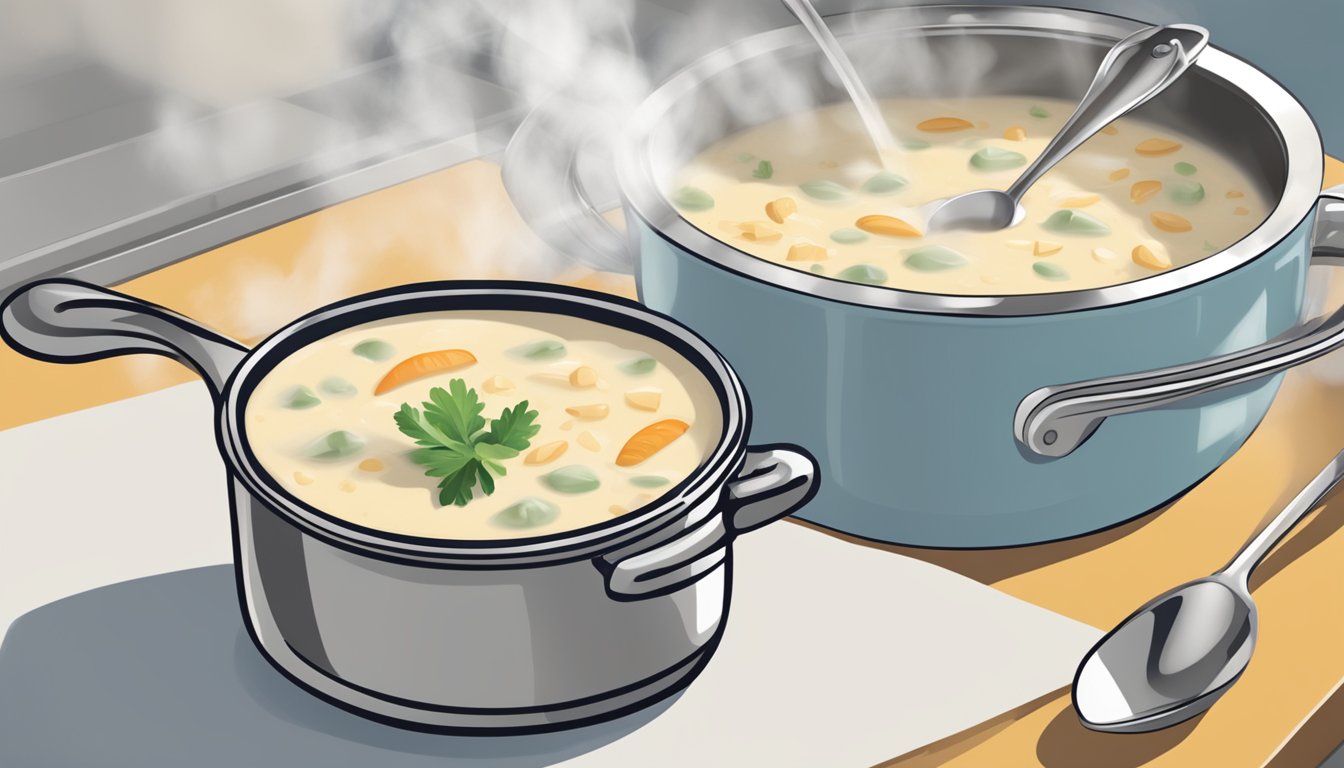 A steaming bowl of gluten-free clam chowder being reheated on a stovetop, with a pot and ladle nearby