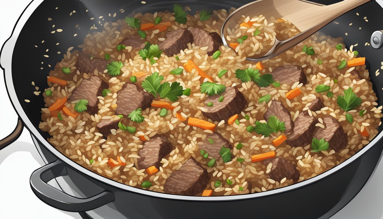 A steaming bowl of gluten-free beef fried rice being gently reheated in a skillet, filling the air with the savory aroma of soy sauce and spices