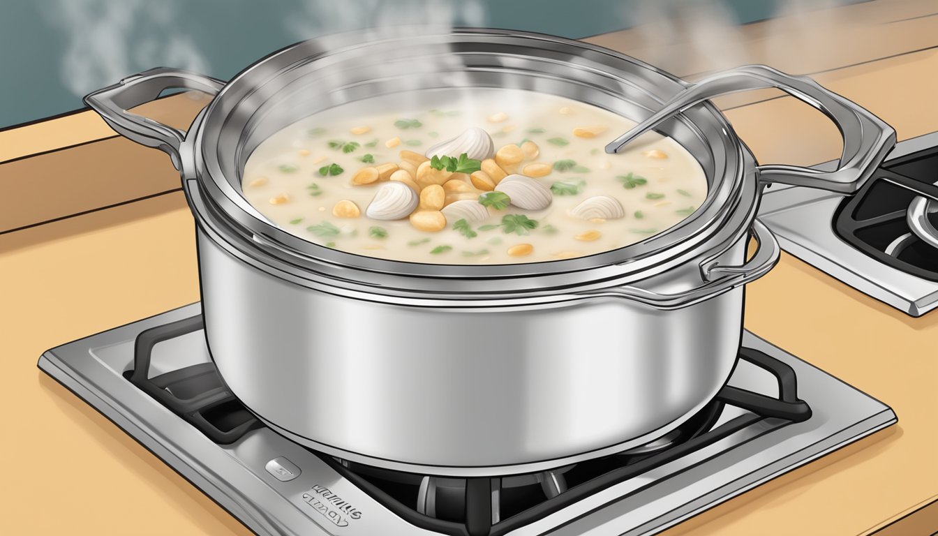 A steaming bowl of gluten free clam chowder being gently reheated on a stovetop, with a lid partially covering the pot to retain moisture and flavor