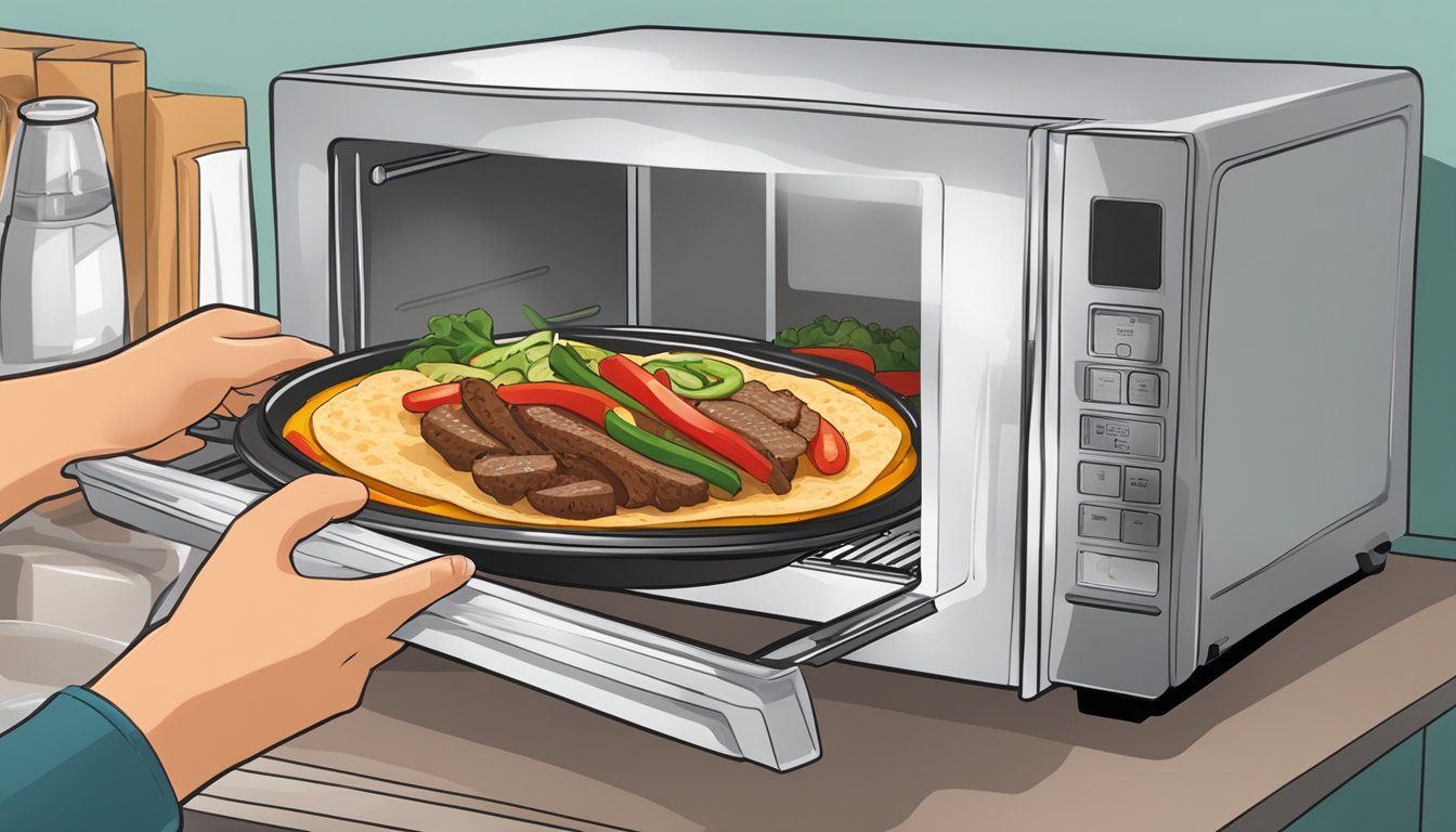 A person placing gluten free beef fajitas in a microwave