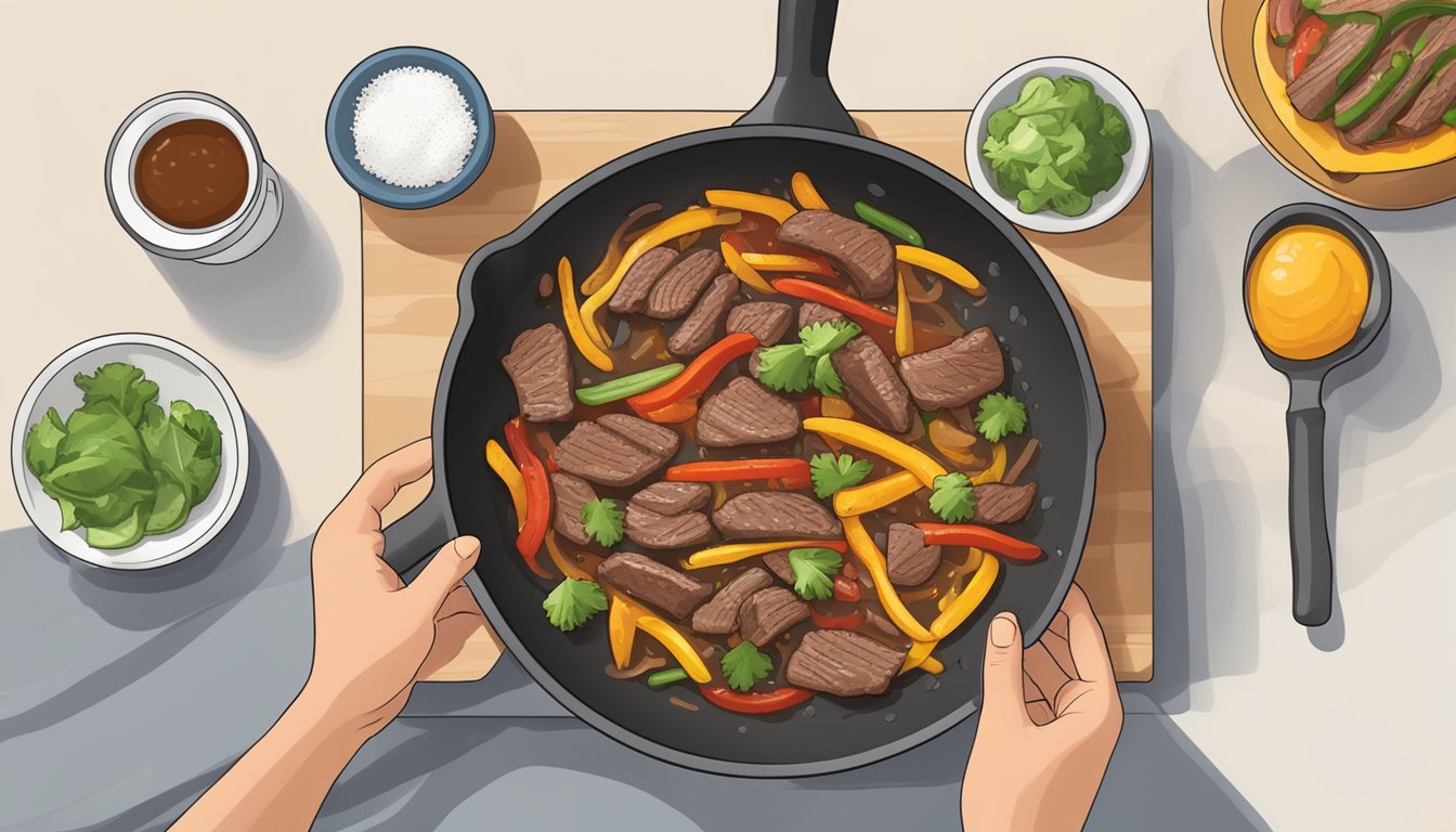 A person reheating gluten free beef fajitas in a non-stick skillet over medium heat, stirring occasionally until heated through