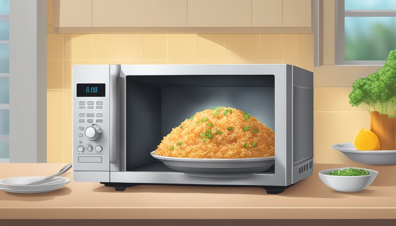 A microwave with a plate of gluten-free beef fried rice inside, steam rising from the dish as it heats up