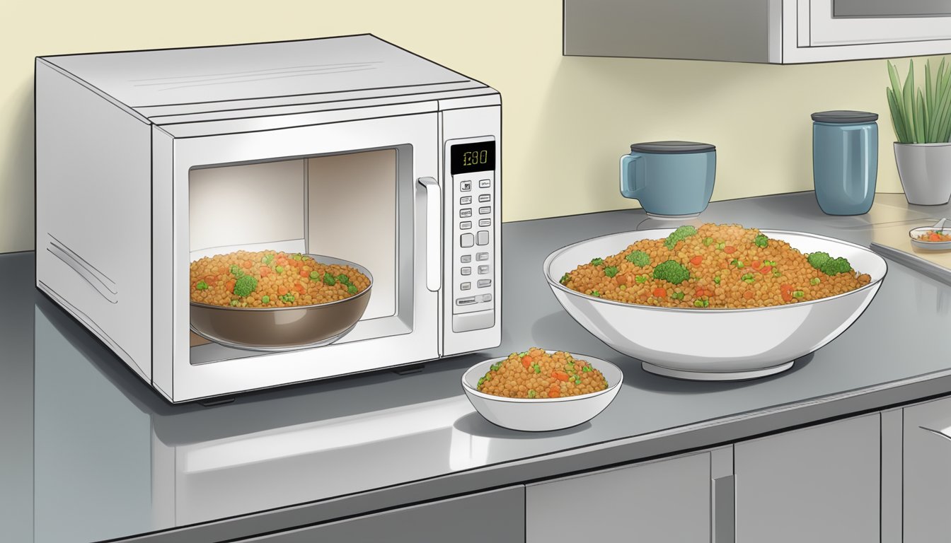 A microwave with a bowl of gluten-free beef fried rice inside, with a cover to prevent splattering, and a note on safe reheating guidelines