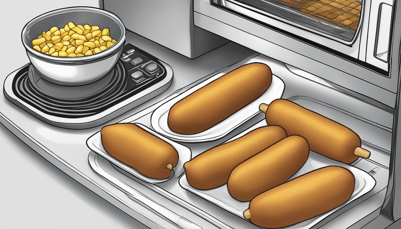 A plate of gluten free corn dogs on a microwave-safe dish with a paper towel covering them, ready for reheating